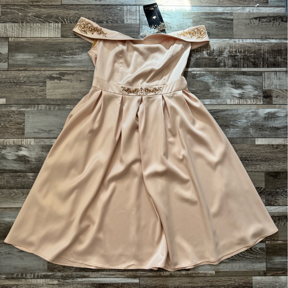 Elegant Off-Shoulder Disney Dress with Gold Embroidery